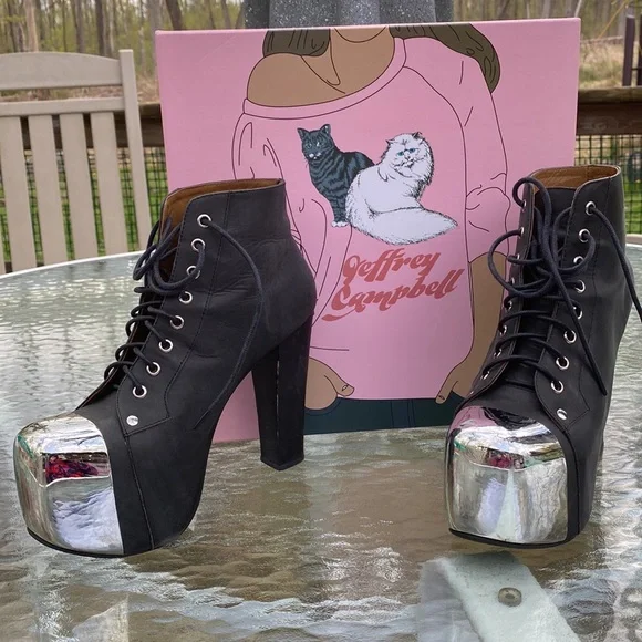 Jeffrey Campbell Lita-Cap Black Washed Silver Platform Shoes. - Picture 2 of 5